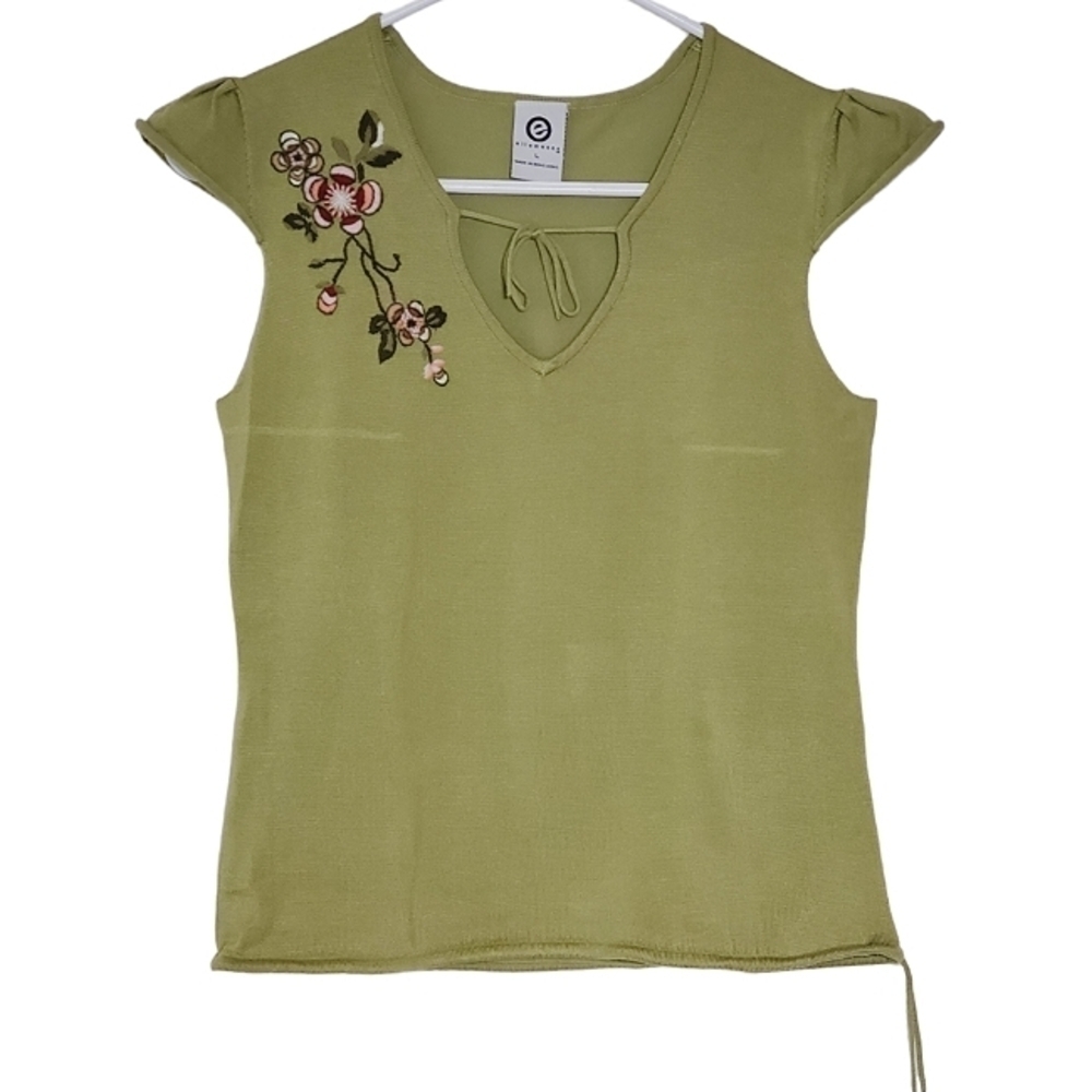 2107 * Ellemenno Embroidered Top Green Size L Vintage 90s Y2K